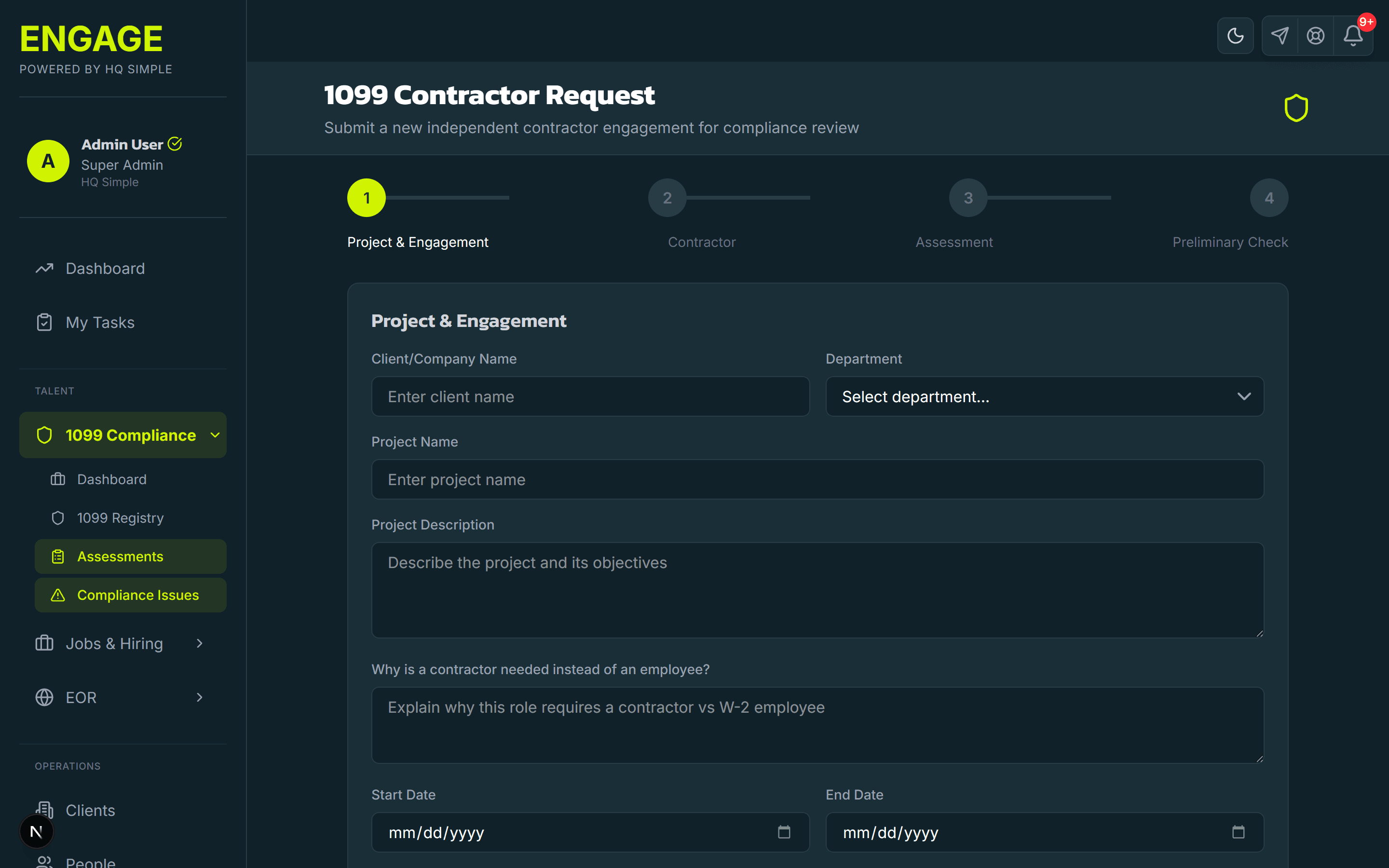 Engage 1099 classification assessment with AI risk scoring