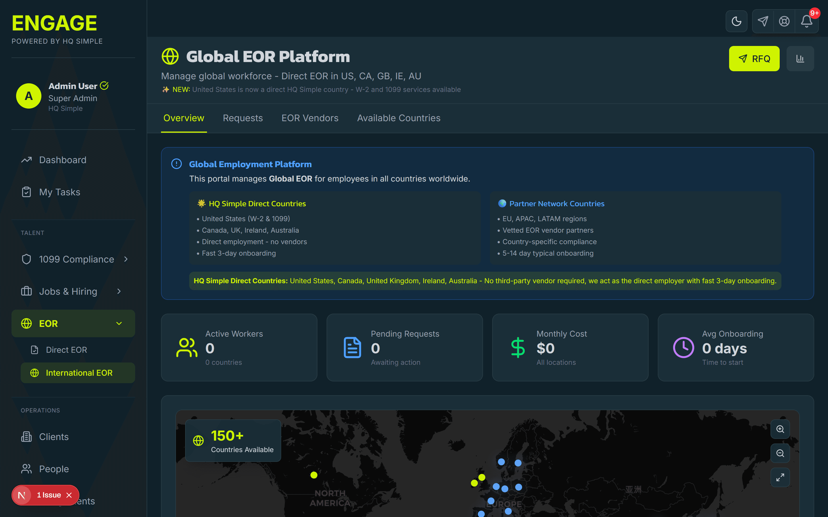 Engage Global EOR Platform with world map showing direct countries and partner network