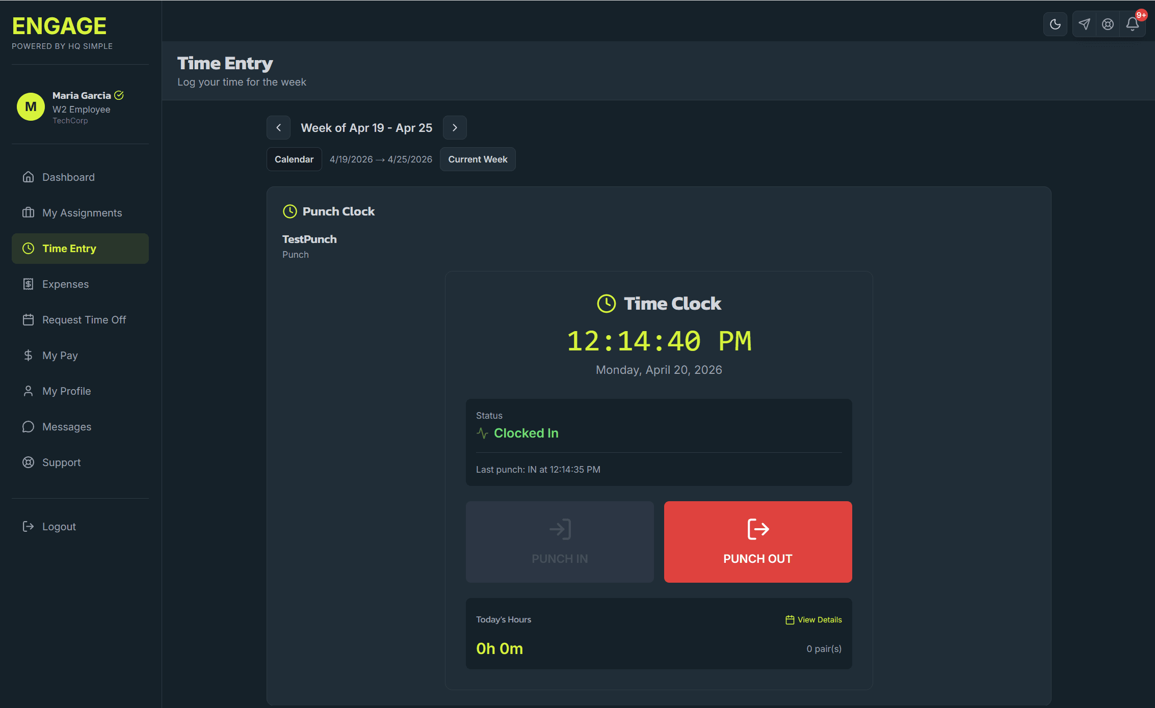 Engage time entry with Punch Clock and weekly timecard