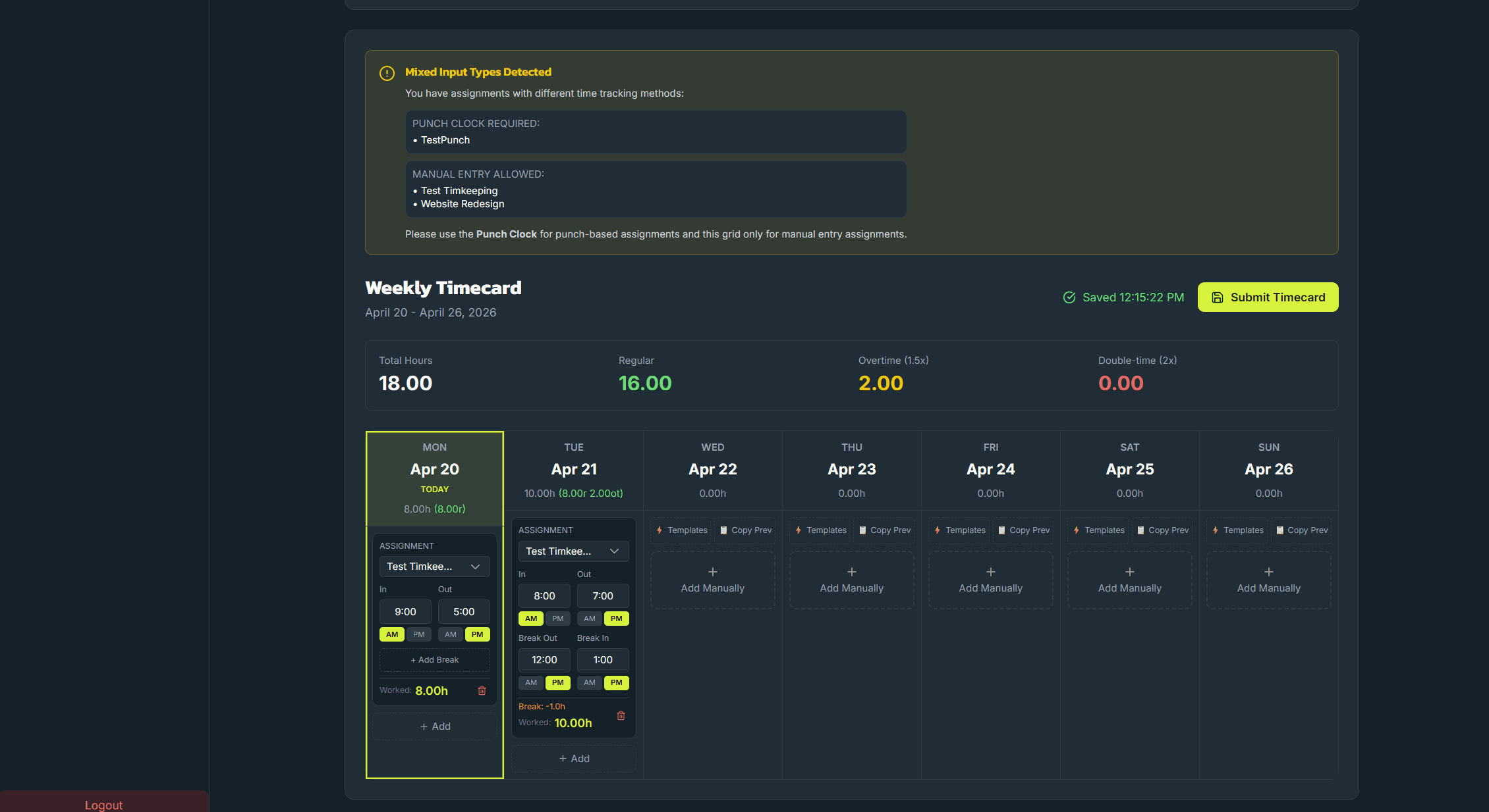 Engage manual weekly timesheet entry with per-day hours and break tracking